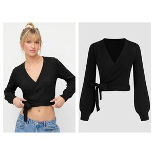 Cider Knitted Wrap Cardigan Women’s L Black Cropped V-Neck Tie Sweater NWT